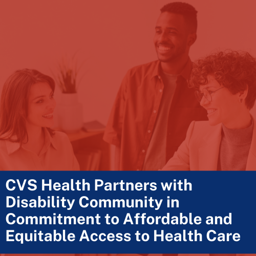 “Breaking News: We’re urging the Supreme Court to Reject CVS’ attempt to dismantle civil rights protections for people with disabilities. #BackDownCVS” It is on a black background with text highlighted in red. It contains the following logos: AAPD, ACLU, The Arc, Bazelon Center, CREEC, DREDF.